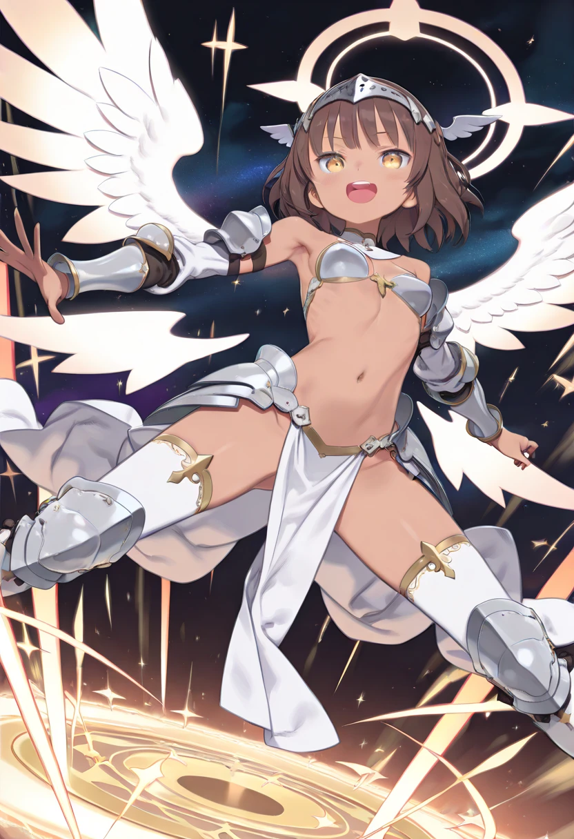 fantasy, 1angel_girl,child, loli,brown_hair, medium_bob_hair, long_bangs, halo,bare_shoulder,thighhighs,silver_armor, waist_armor, large_breasts,angry,grinning,open_mouth_teeth, 1pair_wings, dynamic_pose_fighting,floating, bare_crotch, headgear,gauntlet, greaves,city_sky_background,slightly_spread_legs, solo, groin_naked
