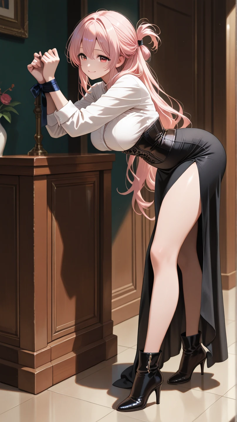 (RAW Photo, Best Quality) ((Top Quality, 8k, Masterpiece: 1.3)) A girl, dynamic pose, erotic face, shirt, pink hair, long curly hair, full body, lying in bed, cross-legged, black stockings, dressed, vibrant details