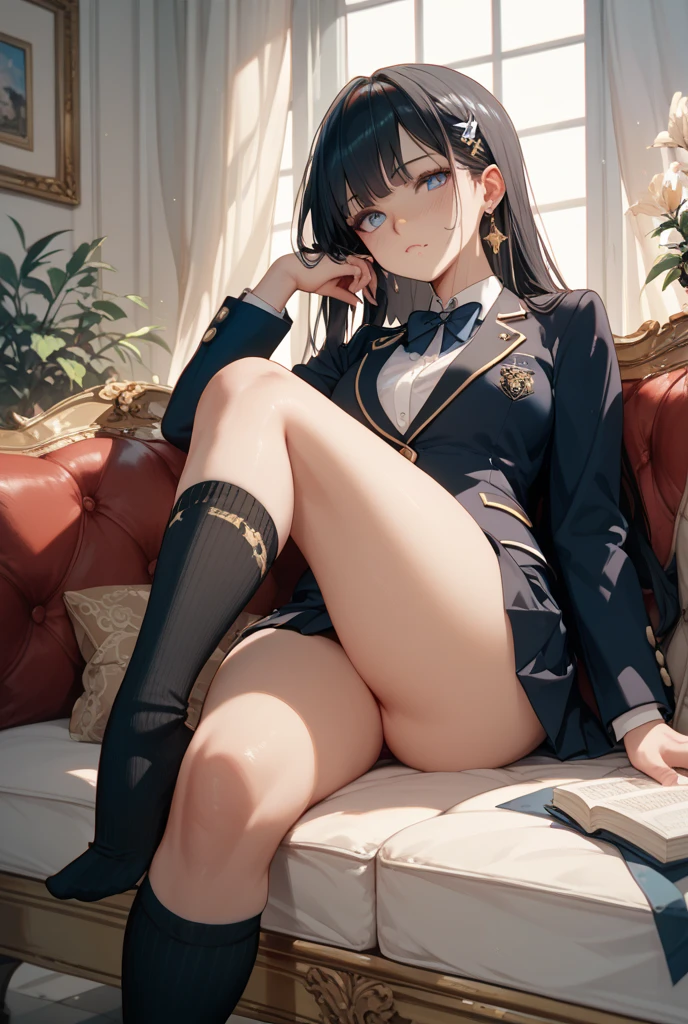 finest, masterpiece, High resolution, (Full body view from head to toe), Composition from slightly below the front, Symmetrical, 18 years old, slim and beautiful girl, alone, (small breasts), (not wearing shoes),Unkempt brown hair, bangs, (black tights), (black pantyhose), tied up with both arms hidden behind the back, , blush, shy big eyes, looking at camera, blazer uniform, plaid pleated skirt、Panties around ankles、Black knee-high socks