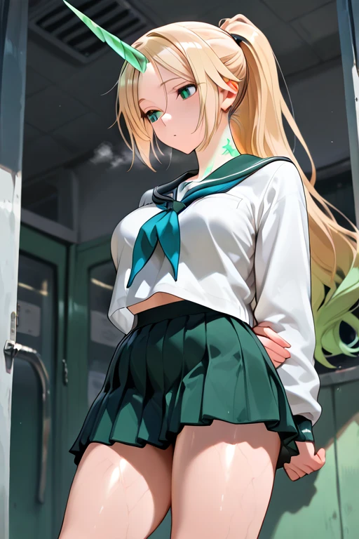 blonde hair, long hair, green eyes, happy, school uniform, short skirt, medium breast, cleavage, classroom, slim legs, navel, open clothes