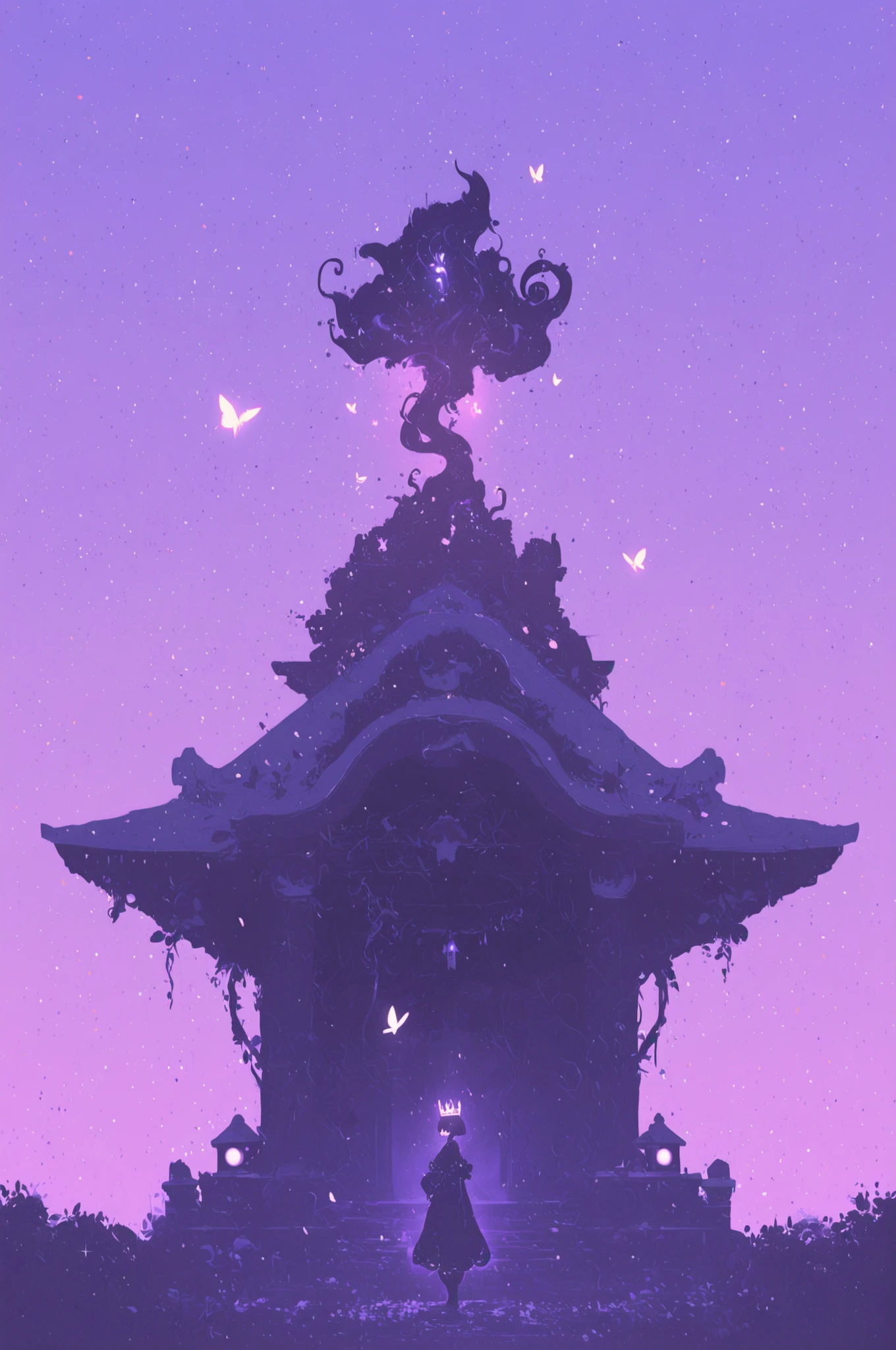 A futuristic shrine standing in a virtual garden,Wearing a dress woven from glowing vines and transparent petals,wearing a biomechanical crown,with digital runes floating around her face,Fluorescent butterflies and petals,The background is a dream space intertwined with stars and glowing plants,Beautiful fantasy style,Surreal illustration style