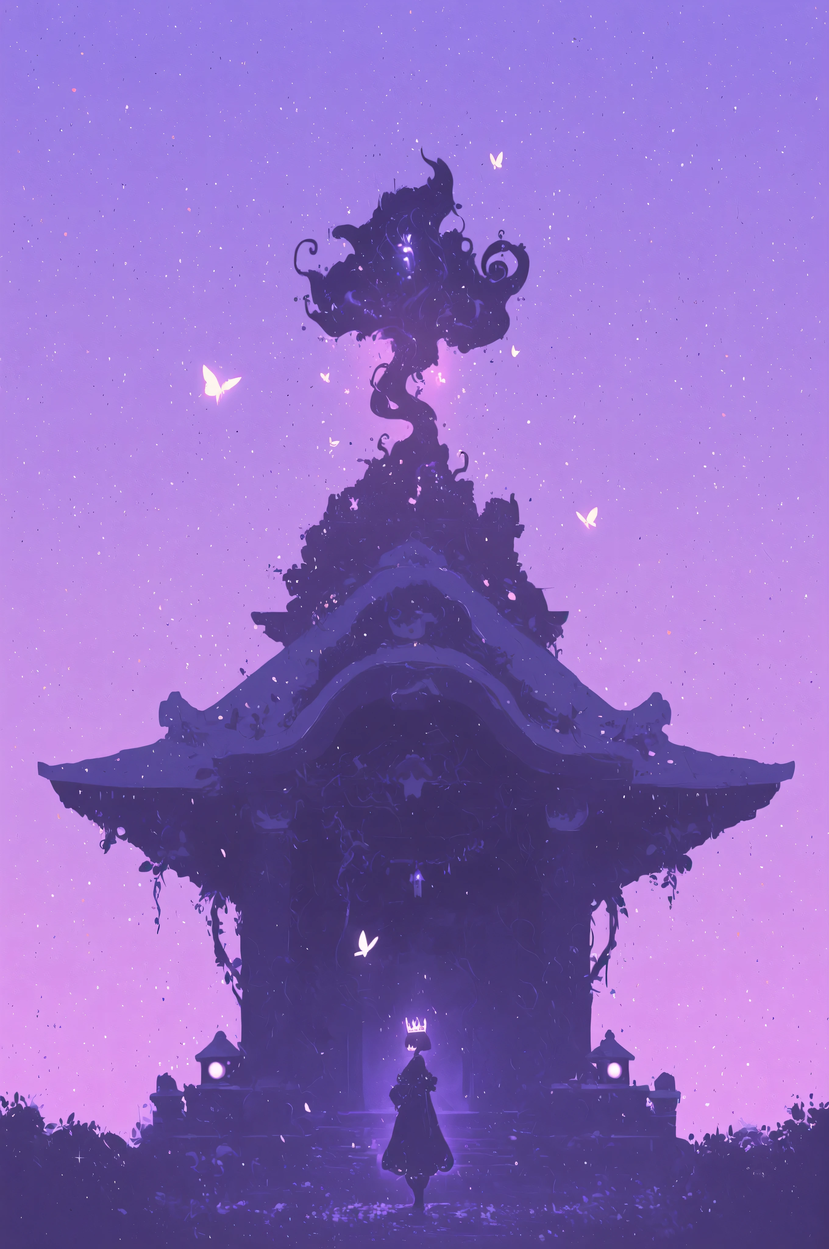 A futuristic shrine standing in a virtual garden,Wearing a dress woven from glowing vines and transparent petals,wearing a biomechanical crown,with digital runes floating around her face,Fluorescent butterflies and petals,The background is a dream space intertwined with stars and glowing plants,Beautiful fantasy style,Surreal illustration style