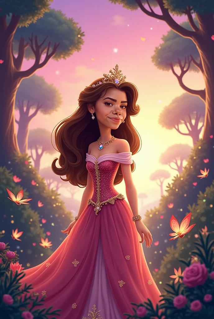 Disney style illustration of a chubby 45 year old woman, straight medium black hair , lilac formal wear and happy and grateful 
