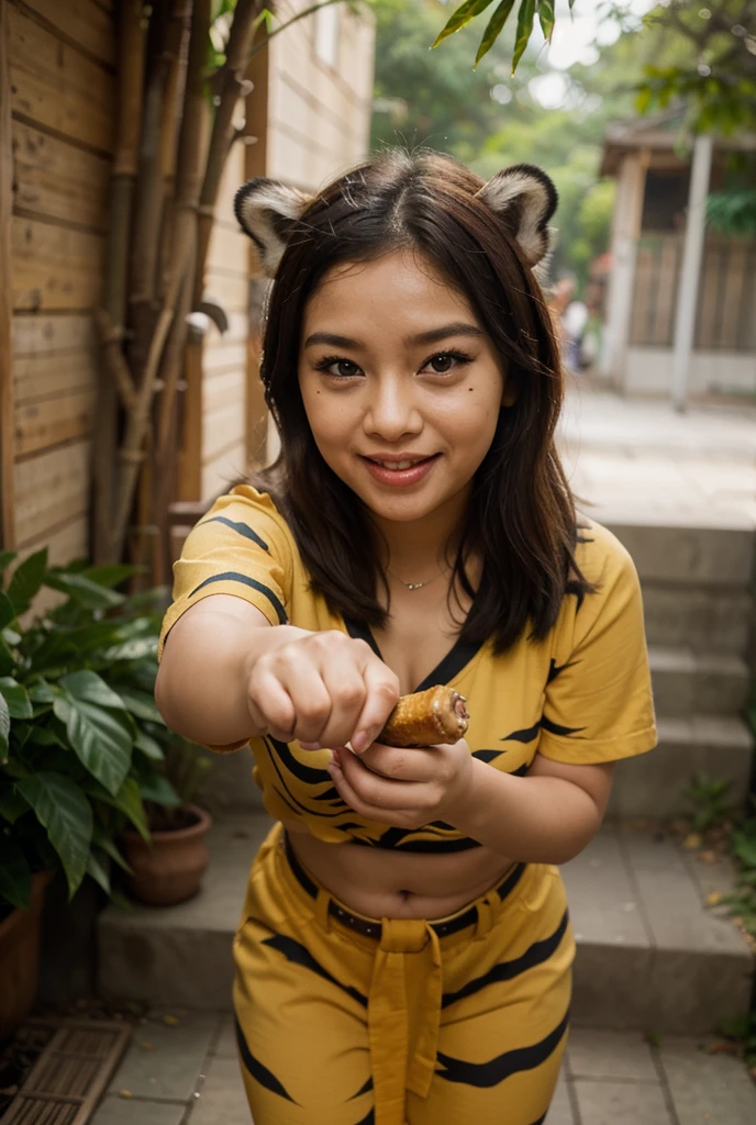15 year old girl with medium length black hair, children's pigtails hair, Filipine facial structure, sad expression, golden necklace, she wearing a blue short tight playboy bunny suit, bare shoulders, visible nipples, marked nipples, she in a park, kneeling on the floor, top view