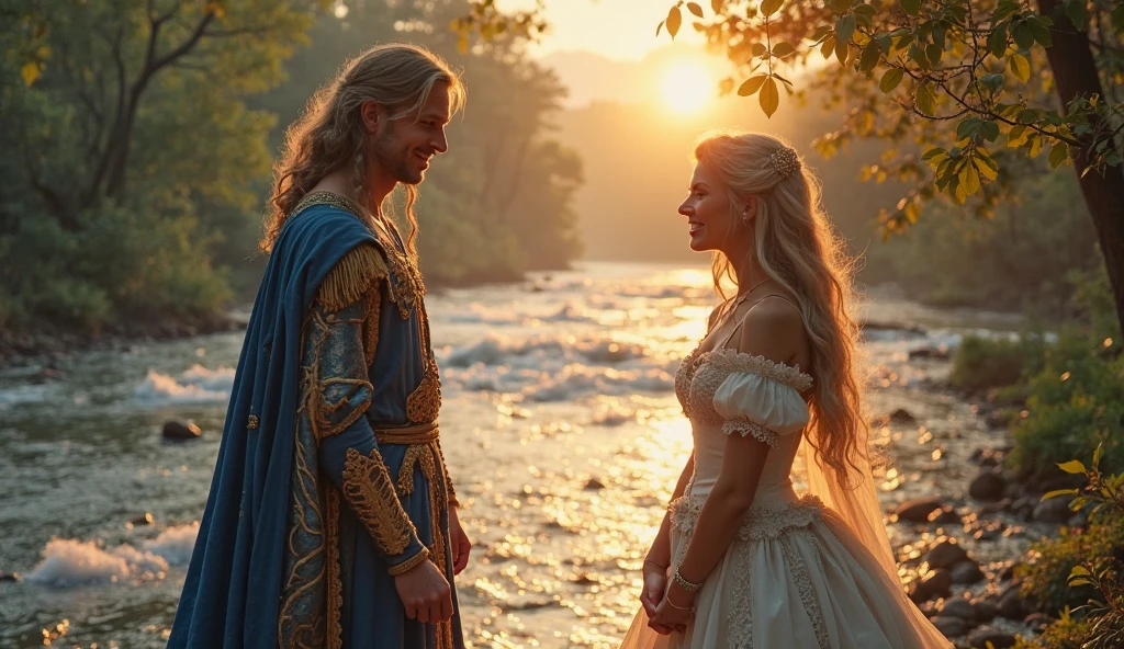 Rapunzel with her boyfriend by the lake, Realistic, ultra-detailed sunset lighting, cenario grama com girassol, borboletas voando