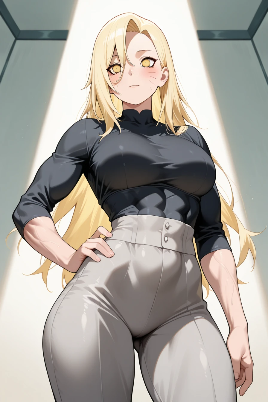 samus aran, facing viewer, ponytail, large breasts, hair tie, black business outfit, necktie, pencil skirt, (long pencil skirt:1.5), (standing straight1.5), peeing herself, (wetting herself:1.5), very large peeing stain, huge pee stain, best quality, ultra-detailed, HDR, studio lighting, professional, vivid colors, sharp focus, physiologically-based rendering, bokeh, landscape, soft lighting, dynamic shadows, (hands on hips:2.0), embarrassed, humiliation, blushing, angry, tears, (desert:1.5), (sand:1.5), rocks, (canyon:1.5), (day:1.5), (daytime:1.5)
