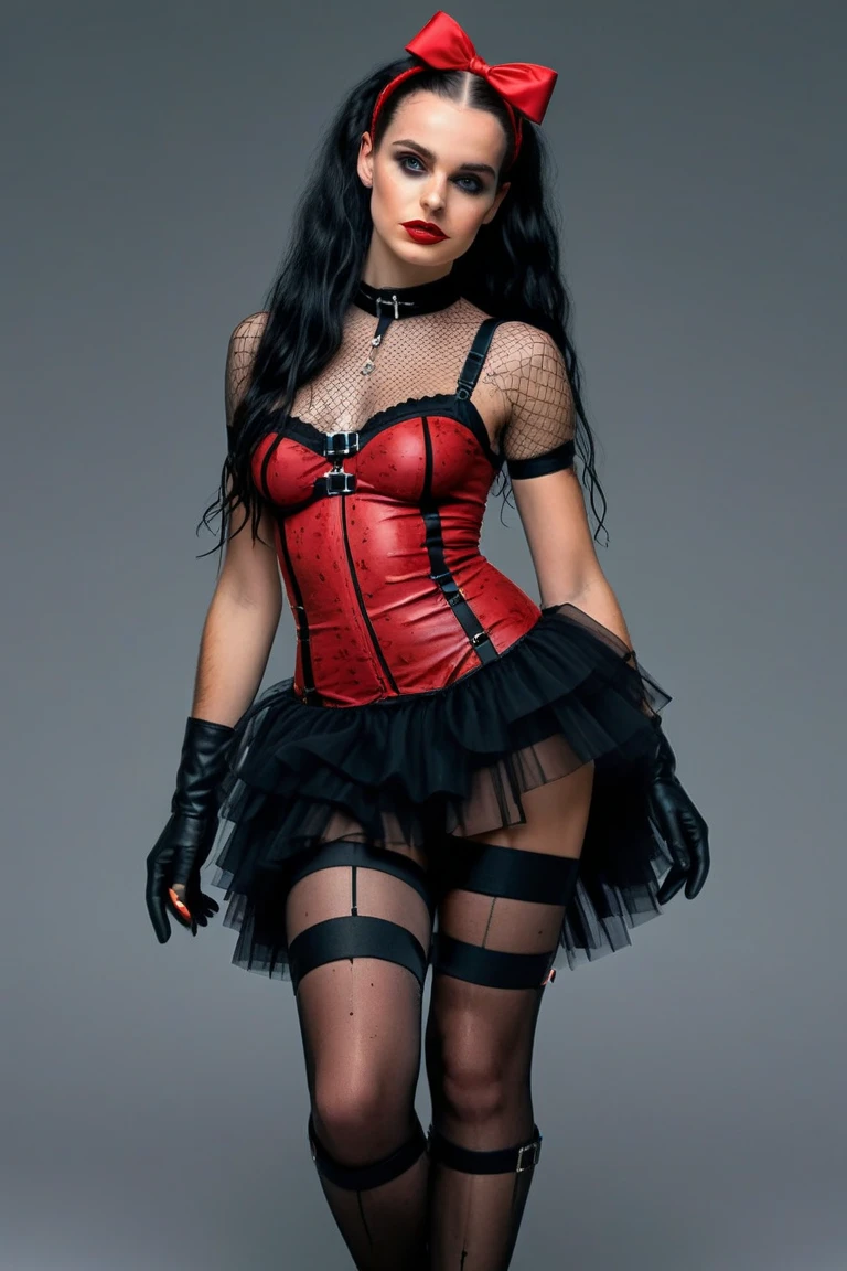 Cabaret Burlesque Woman, black and red Cabaret Burlesque Costume, black elbow gloves, very tiny dress, black stockings, garter belt, shoes, long Burlesque cigarette
