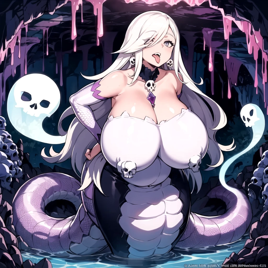 1girl, lamia, scales, tail, standing, crop black shirt, 4k, 8k, highres, wallpaper, masterpiece, best quality, high quality, ((gigantic breasts)), ((underboob)), ((breast expansion)), long white hair, ((blushing)), city, ((full body))