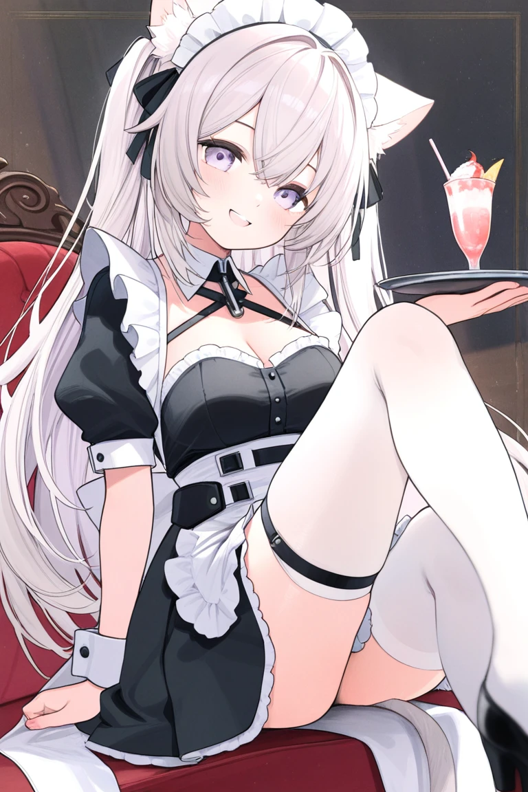 masterpiece, best quality, 1girl, long hair, white hair, yellow eyes, animal ears, medium breasts, maid, maid hat, choker, frills, cleavage, popsicle suck, <lora:popsicle:0.8>