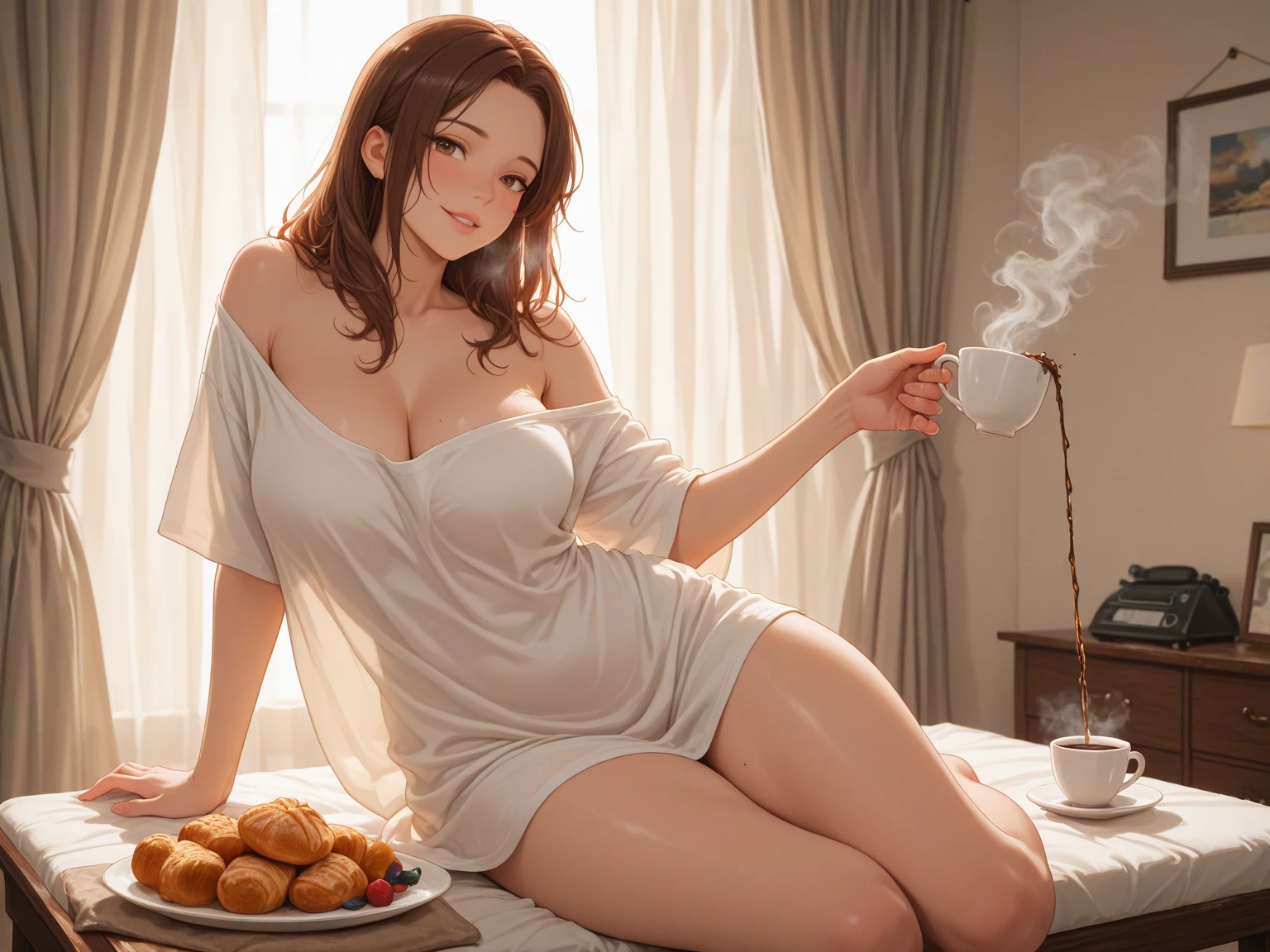 8k, {best quality}, {very aesthetic}, {ultra-detailed}, {best illustration}, high school girl, An exquisite living room bathed in the morning sun, {breakfast},　Fried egg,　{A big smile},　Eat happily, comical,　Small breasts,