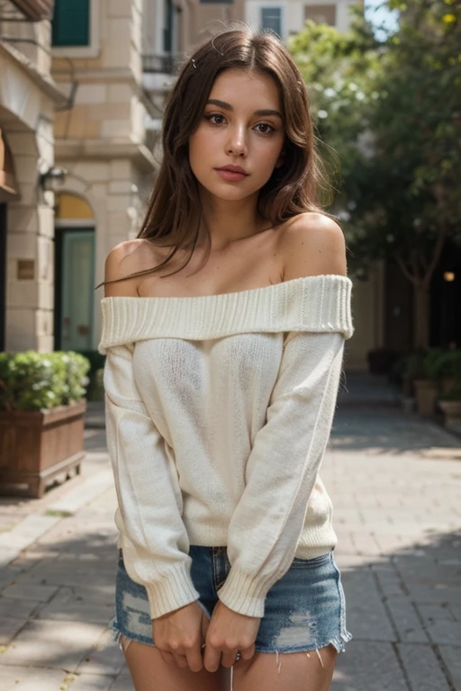 ((best quality)), ((masterpiece)), (detailed), 1girl, off-shoulder sweater, brunette, plain, attractive,colored eyes,wearing a bikini while swimming in the pool