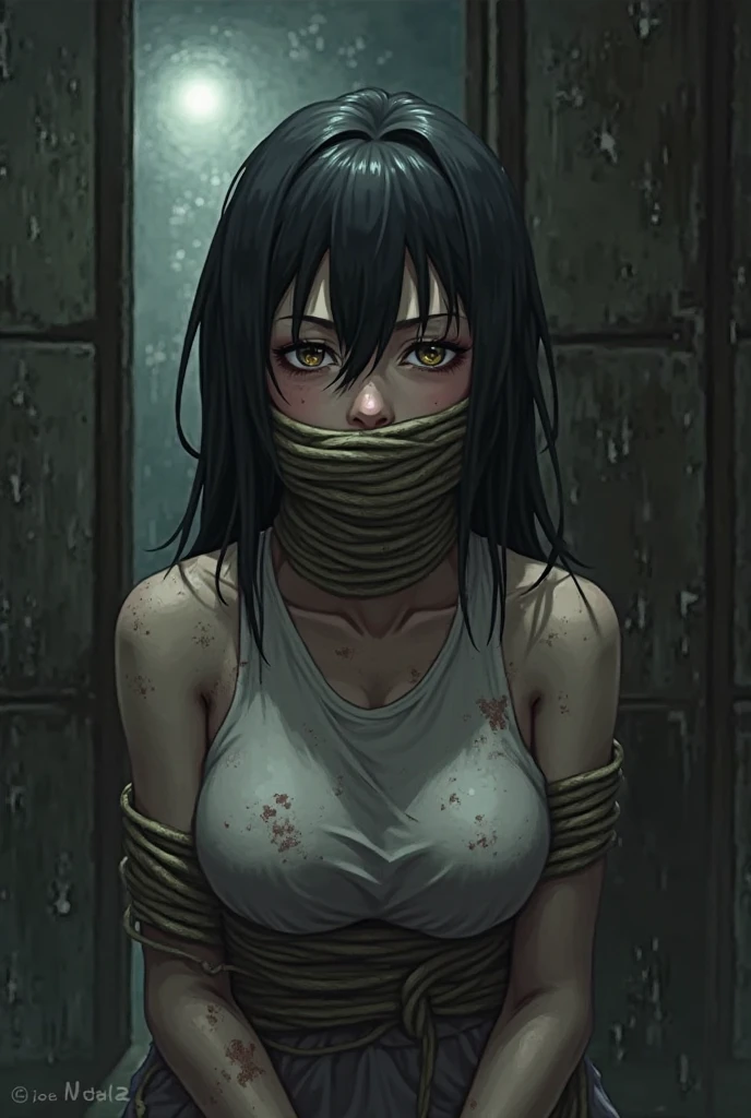 An anime girl with long black hair, not tied up, sitting, wearing a black crop top with her stomach showing. She has a brown rectangular bandage wrapped around her mouth, her hands are tied behind her back with a brown bandage, her leg is tied to her body with a bandage, she has flushed cheeks, and her chest is tied with string.