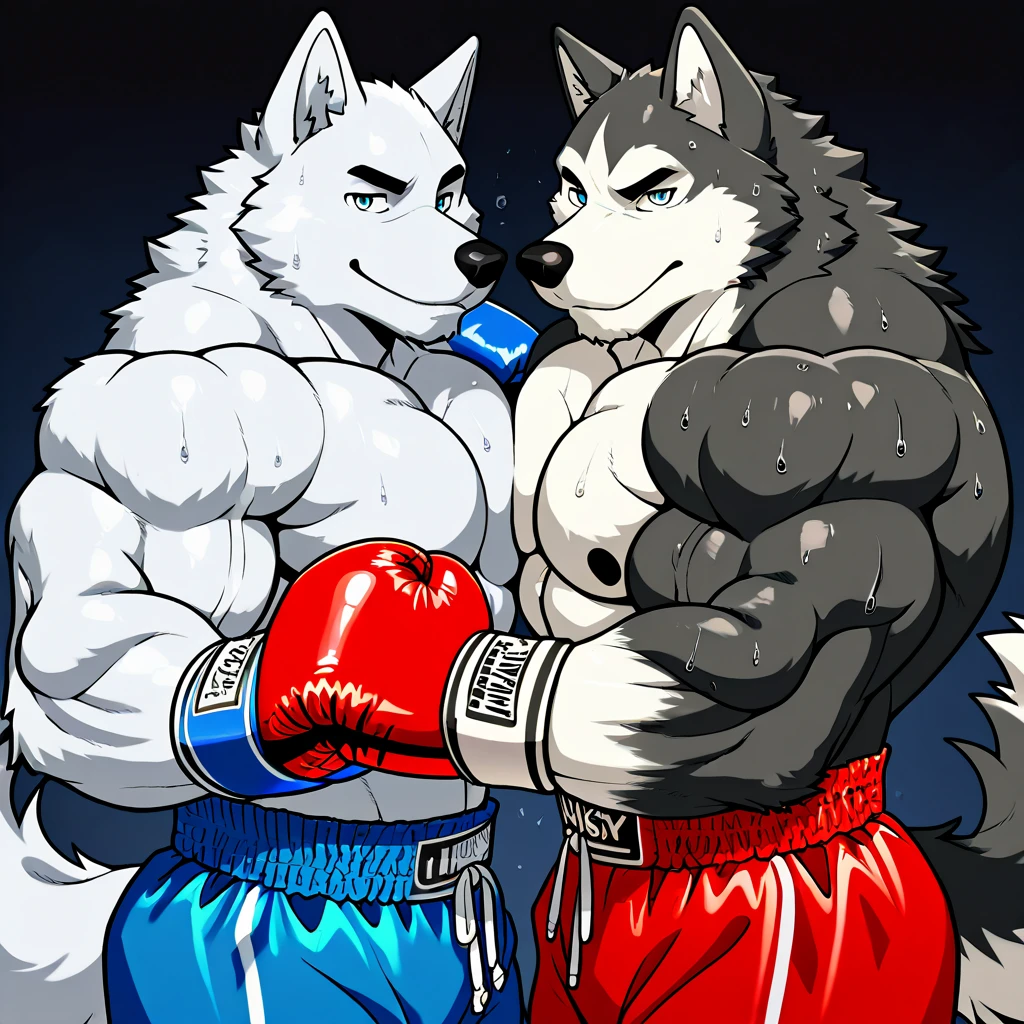 Duo male(Gray Wolf, Gray wolf, handsomes, Thick eyebrows), gay(Lying down, body on back, cuddling embraced from behind, fighting each other, rubbing pecs, kissing each other, Body frottage, face to face, on a UFC match), hot(Shirtless), handsomes(They are handsomes, correct anatomy), musculosos(Big muscle bodies, Six packs, muscle abs, big pecs, muscle backs, muscle legs, some bruises), sweaty(very sweaty wet bodies, shiny sweat), tatuajes(they have tattoos), Angry(Both have an grumpy expression, growling, steaming breath), UFC gloves(They both are wearing red UFC gloves), UFC boxers(They both are wearing boxers), Hight resolution, by(Zourik:1.1)