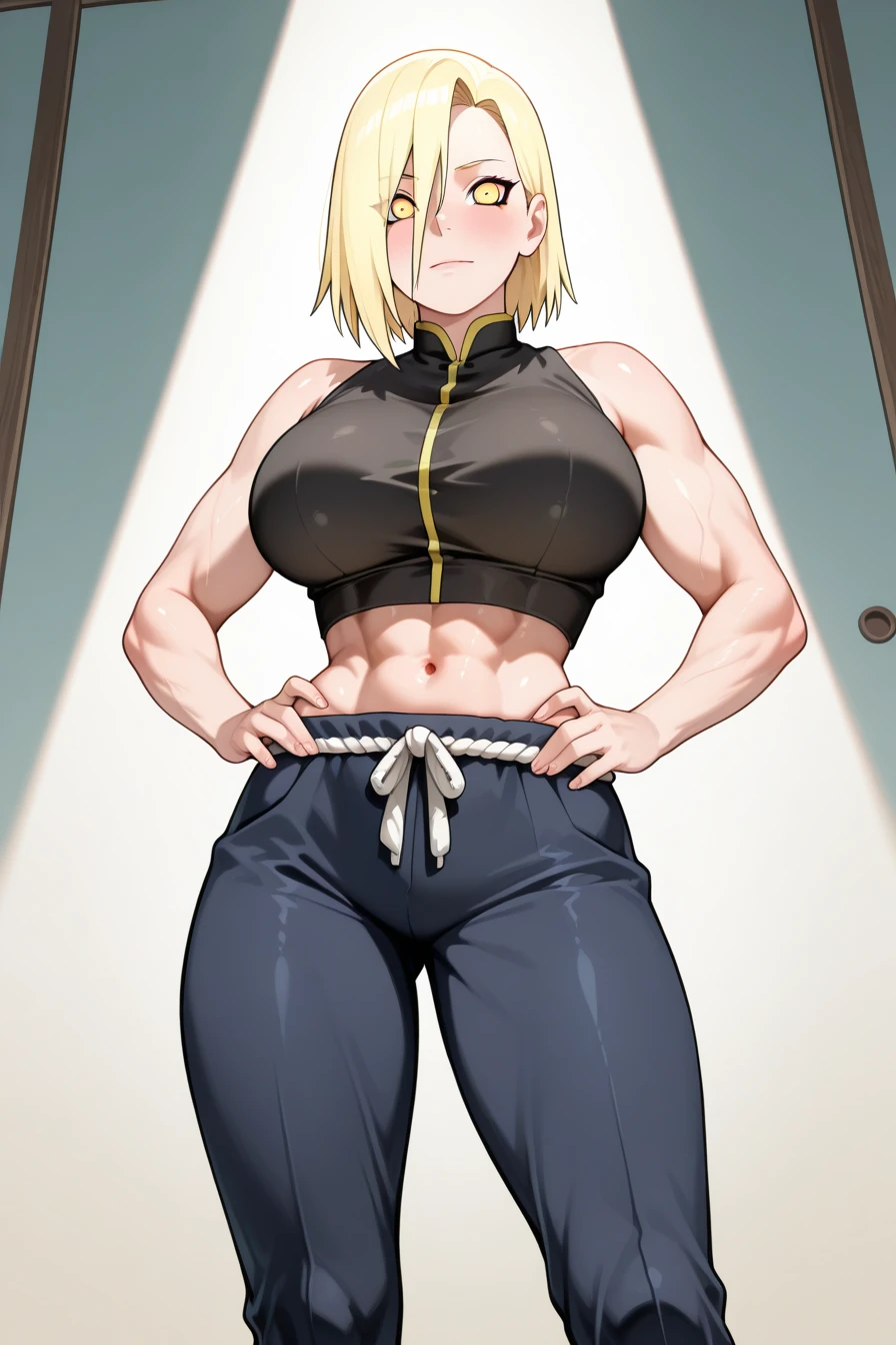 score_9, score_8_up, score_7_up, score_6_up, source_anime, BREAK by ikuchan kaoru, iku, clean color, flat color, sitting, indoors, presenting breasts, couch, muscular, extremely muscular, 1girl, bodybuilder, muscle girl,hellsing, seras, smug grin, holding laugh, knotted bra, bra, front view, ((closed mouth)), cameltoe, BLACKED, BLACKED.COM, BLACKED UNDERWEAR, BBC, BLACKED PORNO, QUEEN OF SPADES, blonde hair, sling bikini, slingshot bikini