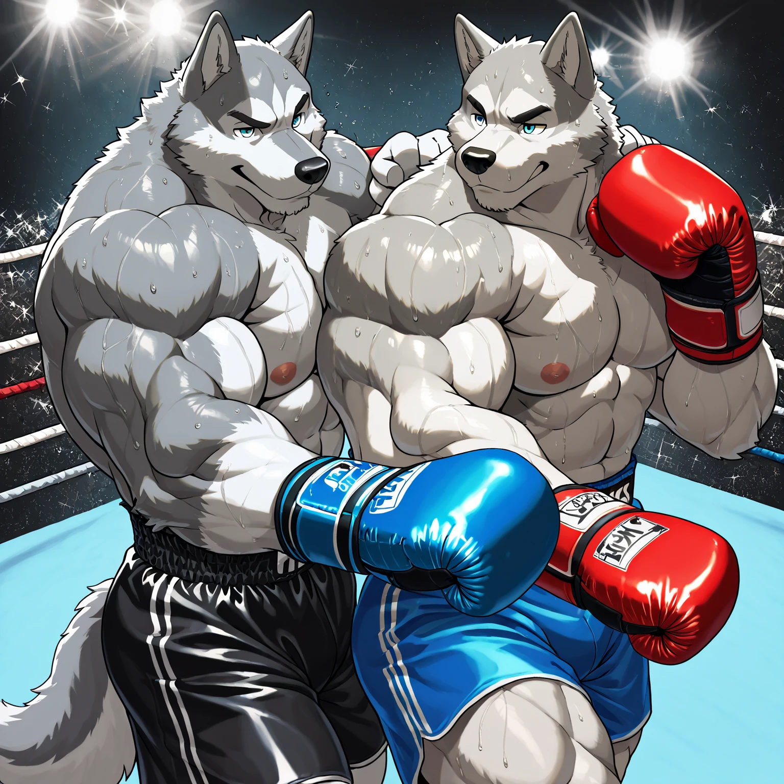Huge muscular thick Grizzly Bear bodybuilder shirtless in blue MMA shorts, blue MMA gloves and blue foot wear, muscular Husky Dog bodybuilder shirtless in red MMA shorts, red MMA gloves and red foot wear, at the MMA tournament. MMA Grizzly bear vs MMA Husky challenger. Fighting match