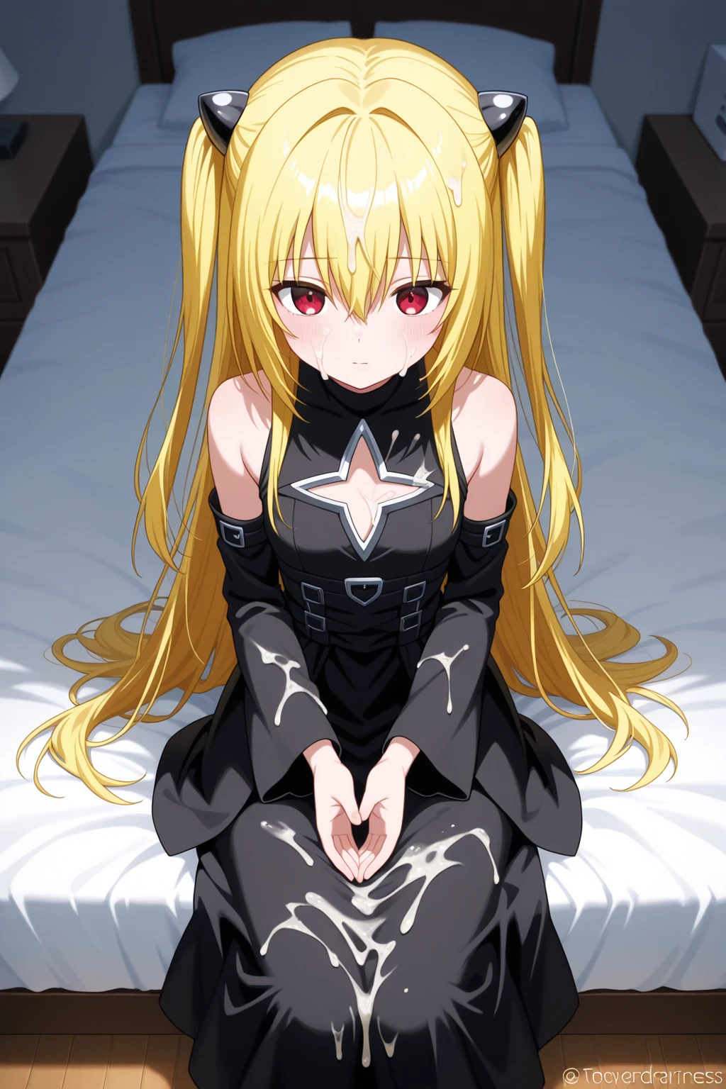 (masterpiece, Best Quality:1.2), absurdities, perfect anatomy, owtech, stylized, 1 girl, full body, looking at the viewer, blunt bangs, Focus only, Soft lighting, (blue eyes), blonde hair, very long hair, twintails, Airi Akizuki, breast, A beautiful and seductive demon girl, fantasy background, horn, demon wings, succubus tails, sexy body, black thighhighs,