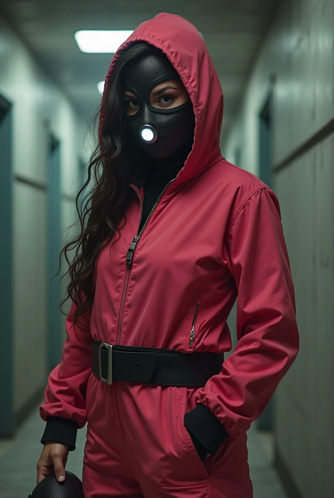 Curl hair. Beautiful teen Kenyan woman. Hero outfit color red. She wears a mask. She wears a jacket but make it heroic outfit. Hand logo on her hero outfit. FUTURISTIC JACKET