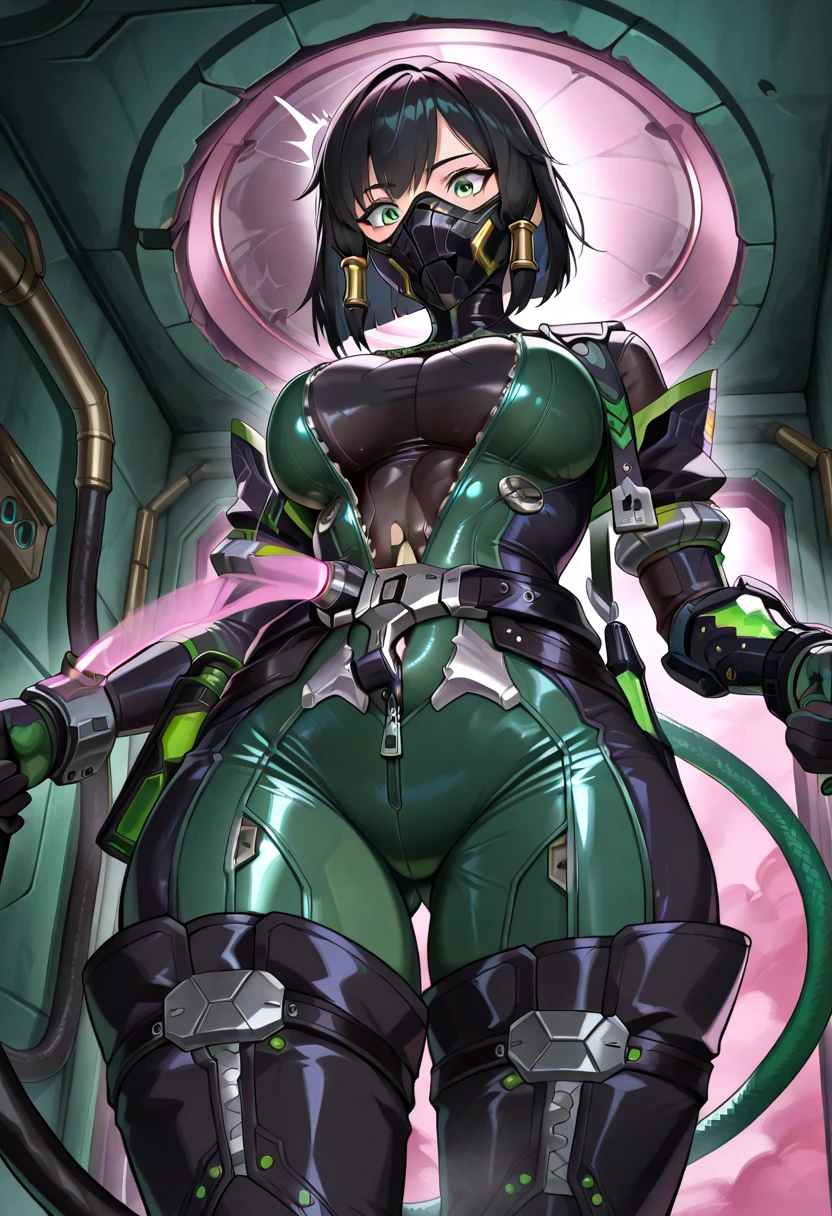 a closeup, 1girl in, Sailor Neptune, aqua eyes, Dark green hair, Medium Hair, (Body tights, Black latex long gloves and boots, Aqua-colored lines on the body, Heart Nipple Less, The navel is visible, Tattoo of the lower abdomen:1.1), Eyes without light, grin, Black ornament on forehead, Bat feather hair ornament, Spread your legs apart, Mechanical chair,Sit on a pipe that glows pink , top-quality, masterpiece, hight resolution, intricate detailes, ((realisitic)), black latex gloves, medium breasts, chastity belt, natta