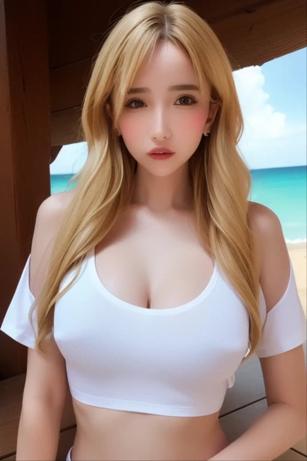 A K-pop idol girl, (Cara linda, cara lasciva), trenza de pelo, detalles intrincados de la cara, cara detallada, golden ratio face, ((pechos grandes:1)), ((cintura delgada, gran trasero, cadera grande, muslos grandes)), ((Manos intrincadas)), ((pies intrincados)), cuerpo completo, 64k, HD, HDR, global illumination, (alta calidad, alto detallado, hiper detallado, extremadamente detallado), foto realista, ultra realista, Artistic photo, (aclarar los detalles, Cuerpo detallado de las piezas), obra maestra de obra de arte intrincada, tendencia en artstation, ropa ajustada, (cara borracha), Sentado en la roca, Fondo del mar