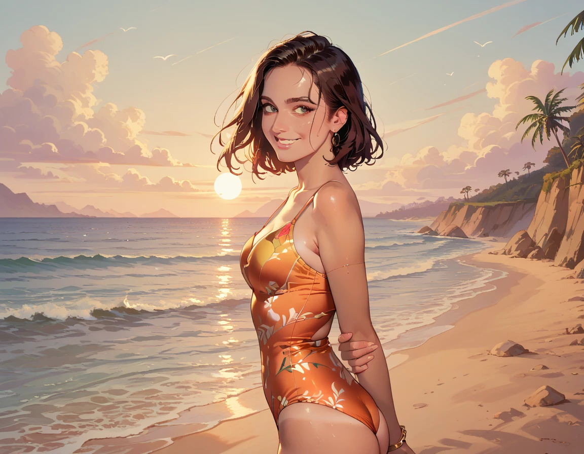 , vibrant, exotic beach background, A beautiful young woman, combination of Ashley Greene:0.95,Mackenzie Foy:0.7, Selma Blair:0.8, jbohemian style, Bohemian poses smiling having fun,