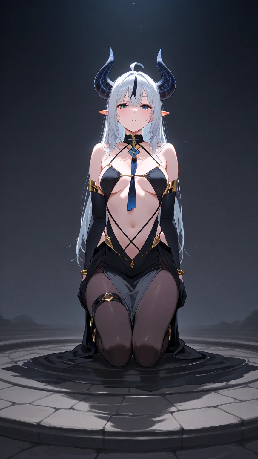 1girl, dark elf, tanned skin, masterpiece, best quality, 1girl, platinum blonde hair, sapphire blue eyes, underground, gloomy dungeon, goblin dungeon, tight skimpy armor, ornate armor, magical armor, (slave collar, metal choker), exposed navel, exposed upper arms,