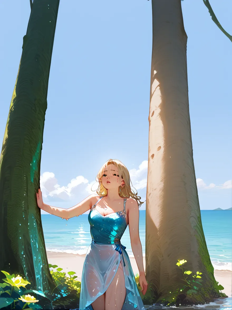 delicate and beautiful CG artwork),(best qualityer, ultra detali, high resolution),(dynamic angle, dynamic lighting),(1 character),(long pink and blonde hair), blue colored eyes, beautiful  face), 1 girl, (long sideburns, plants, ssmile, long blue dress, 3 d, ocean, water, beach ball, sea shells, bright sunny, windy