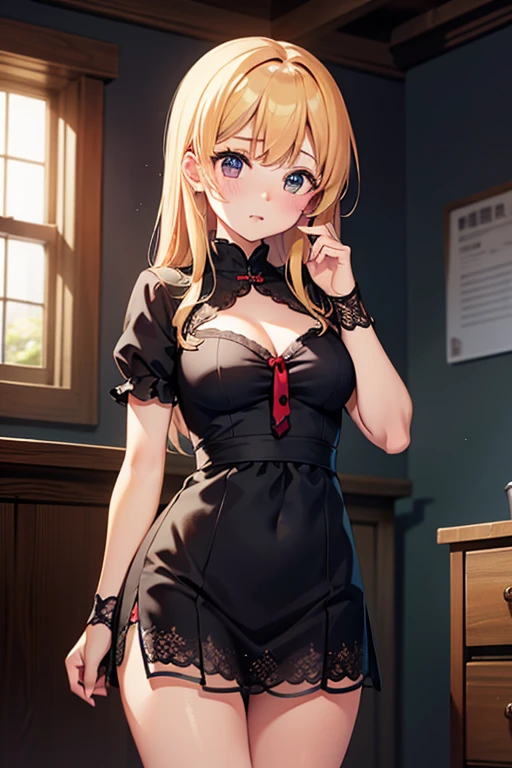 Marin Kitagawa ,(kitagawa marin blonde hair long hair red eyes ),medium breasts, Cleavage, (((blush))), playboy bunny, bare_shoulders, rabbit_tail black_pantyhose wrist_cuffs, slim legs, slim waist, indoors, night, hotel room, cowboy shot, masterpiece, realistic, highres, best quality, cinematic, dramatic lighting, (((detailed hair, face, eyes, pupils, clothes, skin))), face focus,