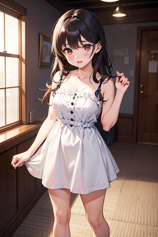 cute zettai ryouiki portrait of a girl, age 18, full body, posing indoors, sundress, thighhigh socks/stockings, with style anime, pixiv, manga, or artstation. light blue color palette flat colors, cell shading, and ink lines.