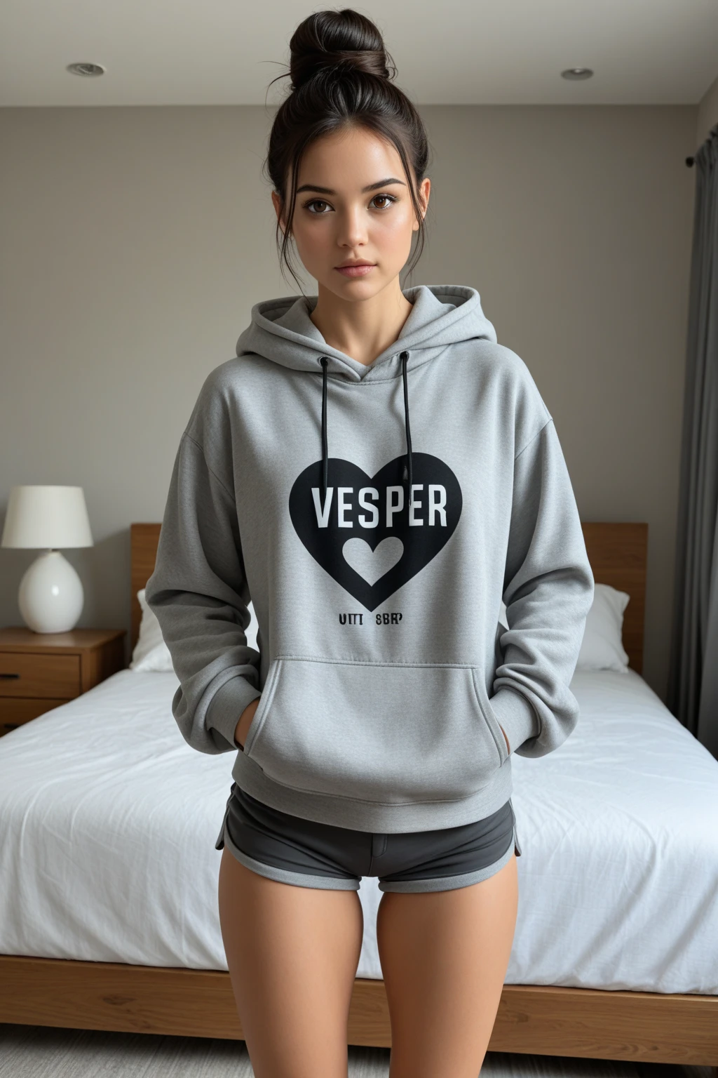 (8k, best quality, masterpiece:1.2), (realistic, photo-realistic:1.37), ultra-detailed, 1 girl,cute, solo, ,beautiful detailed eyes, medium wavy hair, hoodie, thick thighs, in bedroom, smiling, looking at viewer, , light blue hair, black lips, black lipstick, full body view, standing, whole body shot,