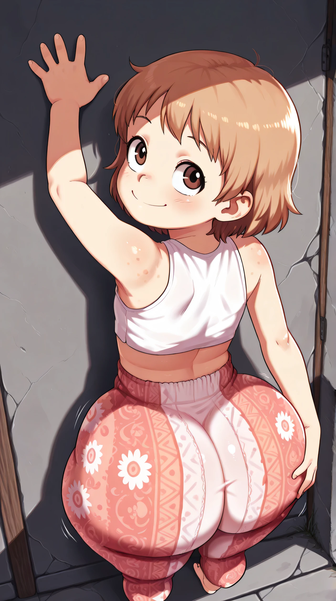 masterpiece,child, below the age of 18, 10 years old, little-girl, shortstack, under-age, early/teens, im/mature, Juvenile, short, from above, 130 cm tall, short, petite, child-like proportions, underwear outline, best quality, highres, absurdres, 1girl, long light brown hair, brown eyes, freckled body, white crop top, printed flare pants, ass, hand on butt, looking up back, smile, Leaning against a wall,ass