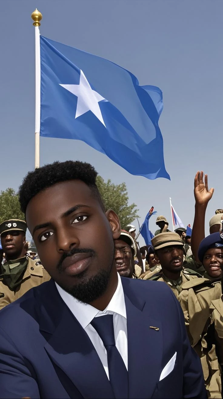 Cinematic -style image of a Somali man, who designed the Somali flag, standing confidently, waving the flag. He wears traditional Somali cloth, surrounded by a crowd , camera focus from the front , The Somali flag, with a light blue background and a white five-pointed star in the center