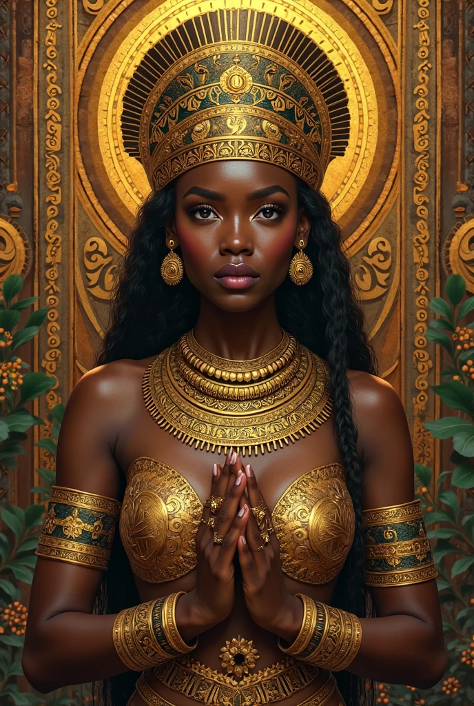 крупный план женщины с Tigerом на плече, digital art by John La Gatta, winner of the shutterstock competition, Afrofuturism, Smooth black girl , stunning African Princess, black African Princess, The African Queen, African Princess, Tiger, African mythology, kemetic, Dark-skinned woman-goddess of love, Black lioness made of resin