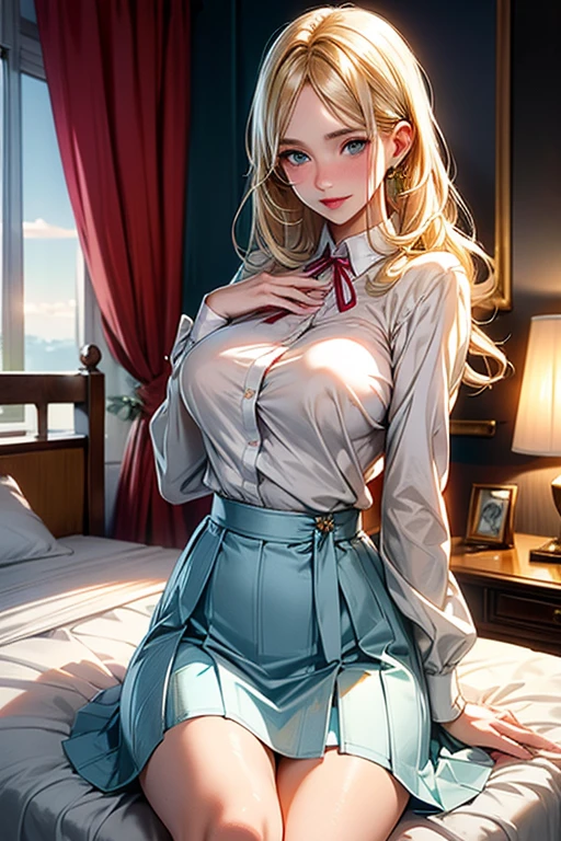 An incredibly beautiful young femme fatale-blonde with blue eyes, long golden hair, she is dressed in homemade pajamas, holding a small in her arms.Realistic image.