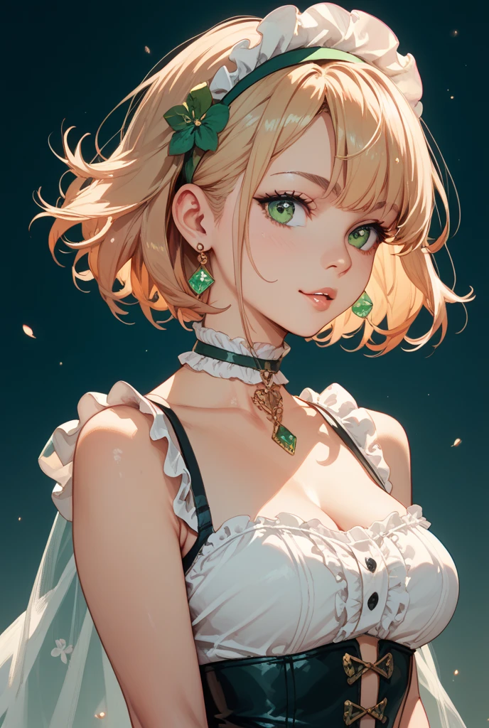 realistic, 1girl, ponytail, parted lips, (blush), (blushing face), makeup, (smile), glow, (green eye), thighedium breasts), (perfect figure), bare shoulders, wear beautiful dress, collarbone, narrow waist, sunbeam, sunlight, rose, wind, cleavage, (masterpiece), sweat