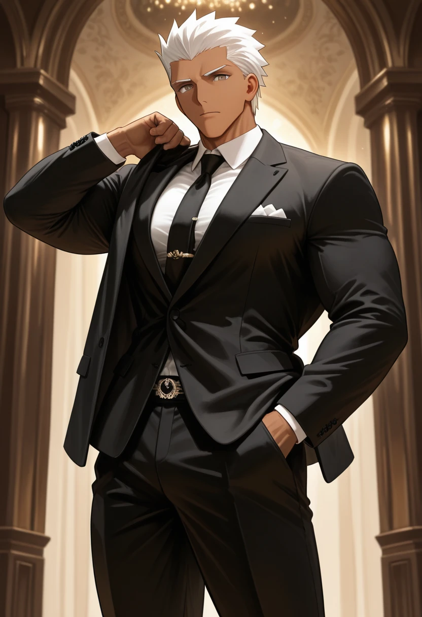 1970s,Italian Mafia Boss,Middle-aged men,muscular and thick body,Dignified pose,Well-tailored, high-end white suit,Sharp Eyes,A fearless smile,Sexy and dandy,Luxury watches and jewels,