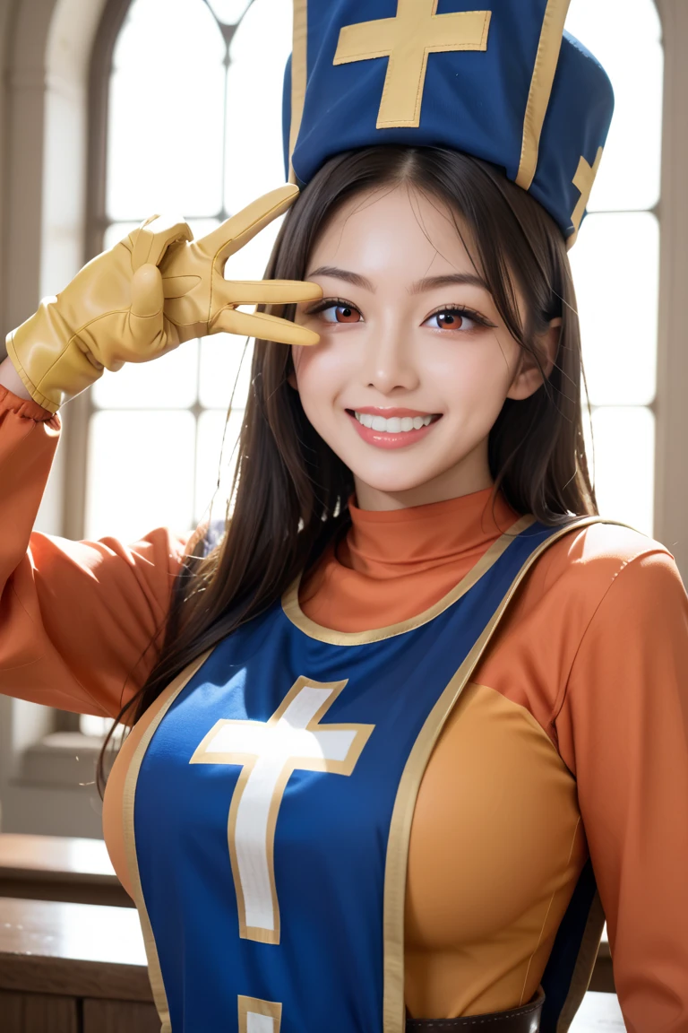 20 year old Japanese beauty,Slim and cute、Bulge of lateral breasts、Slit eyes、A head-to-toe view,Bust is very very large、The background is a European castle、High quality photos、Clear, crisp images of the lower body、Masterpiece 8k、Smiling、Race queen with emphasis on her breasts、I have a mushroom in my hand、Female Priest from Dragon Quest III