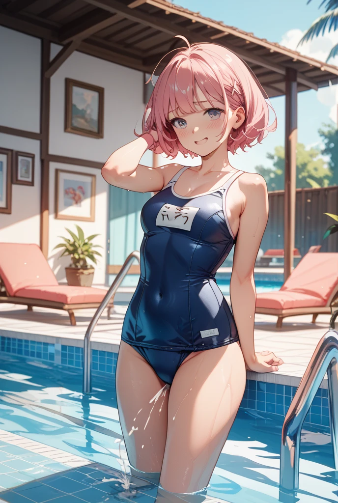 top-quality、Full limbs、complete fingers、Slender beauty、straight haired、Bery short hair、knee high、Pink School Swimsuit、Small eyes