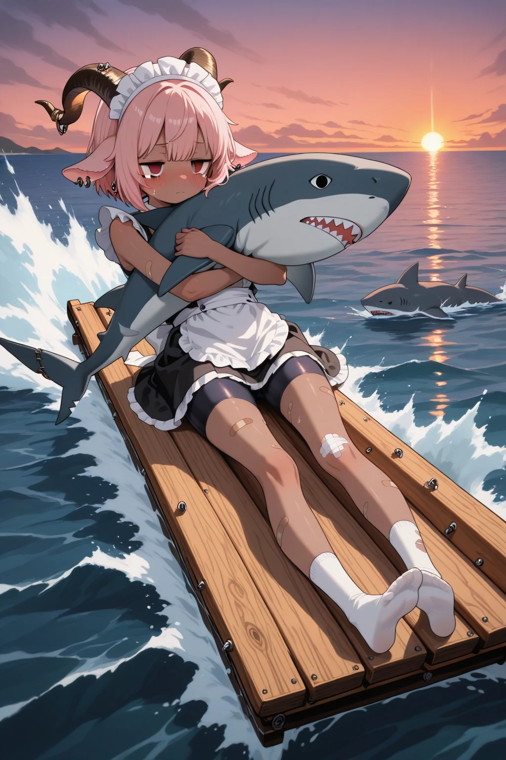 A future Earth where all land has been submerged,Sea.High resolution, Anime Style, A girl armed with a gun and a combat bikini.Seaで鮫と戦闘中, 女の子は未来のSeaで発射できる銃を持っている, A smile aiming at the prey,Huge shark attacks girl,背景にSeaの中に完全に水没したビル群