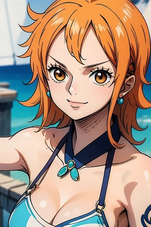 Nami wears a bikini top and super red miniskirt, uma obra-prima , Retrato bonito , arte de anime digital detalhada , Muito detalhes Artgerm haha, deviantart artstation cgsscosiety , fanart melhor artstation, Artgerm. alto detalhamento, seios grandes, olhando para baixo, olhando pra os pes
