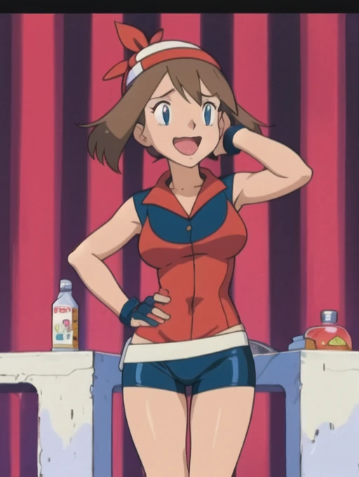 masutepiece, best quality, alta resolução, ao ar livre, 1girl em, sozinho, Maio (Around Pokémon), (((brown hair))), bandana, (((Camisa vermelha com manga ou descanso:1.1), (((Navy Blue Spatz Shorts))), (((mini saia branca))), (((Bolsa de cintura amarela))), (((Luvas brancas e azuis escuras))), (((perna aberta))), (((huge breast))), (((surprised expression))), Standing , pernas juntas, behind