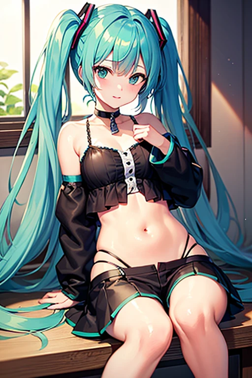 Create an image of a beautiful, sensual anime girl with long blue hair and tattoos, showing her stomach while relaxing in a cozy lounge. She is wearing a black tank top and panties and headphones, enjoying her music on the couch. The lounge is warm and dimly lit, with plush seating, soft blankets, books, and a coffee mug scattered around. Soft, ambient lighting creates a serene and intimate atmosphere