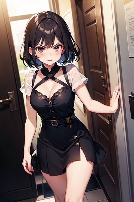 masterpiece, best quality, 1girl, solo, blue_eyes, blunt_bangs, (medium_hair:1.2), hairclip, (black_hair:1.4), (blush:1.2), hair_ornament, shiny_skin, <lora:CostumeJanusHalloweenV1:1>black nightgown, miniskirt, outdoors, hand_on_hips, medium breasts, smile,