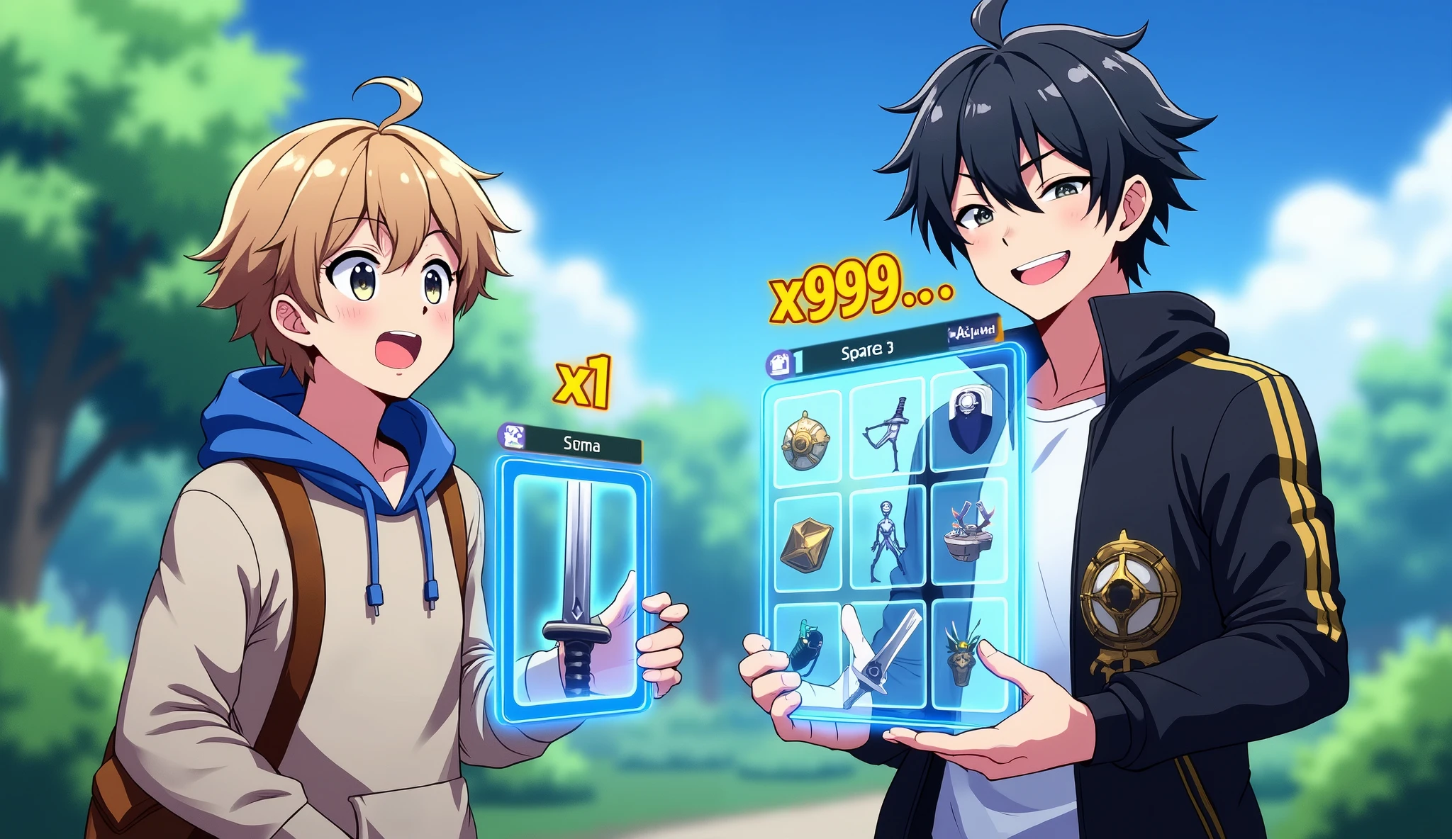 Anime-style illustration with vibrant colors and a dynamic game atmosphere. In the foreground, they depict two characters: **left** — a guy with short light brown hair , dressed in a light sweatshirt with a blue hood and a brown shoulder bag . He has a shocked expression with his eyes wide open and his mouth ajar . Next to him is a glowing blue rectangular interface with the image of one sword. Above the interface there is a yellow inscription "x1" with black border . **Right** — a smiling guy with dark hair in a black jacket with gold elements , dressed over a white shirt . He looks confident and holds a huge glowing holographic inventory in his hand , full of various game items : swords, shields , artifacts and magic symbols . Above the inventory there is a bright yellow inscription "x999.." with black border . The background is a green landscape with blurred trees and blue sky , contrasting with the brightness of the interfaces . Use clear contrasting shadows , , bright lighting and glowing effects around holographic elements to create a sense of dynamics and gameplay. score_9, score_8_up, score_7_up, score_6_up, source_anime, anime screencap, TRexStudio.