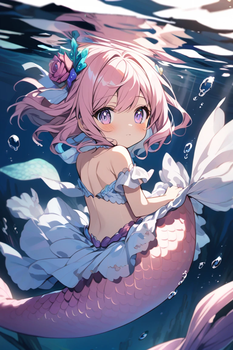 best quality,ultra detailed,extremely detailed and beautiful,perfect anatomy,perfect hands,(Undersea), 1 girl, full body ,(Fish pulls on bikini:1.4),topless,bikini aside,(Himemori Luna),(12 years old)+,pink hair,Odd Eyes,right purple eye,left green eye, (long hair), gradient hair,blue hair,(frilled black bikini),(low rise bikini), crown, fetal position ,cry,