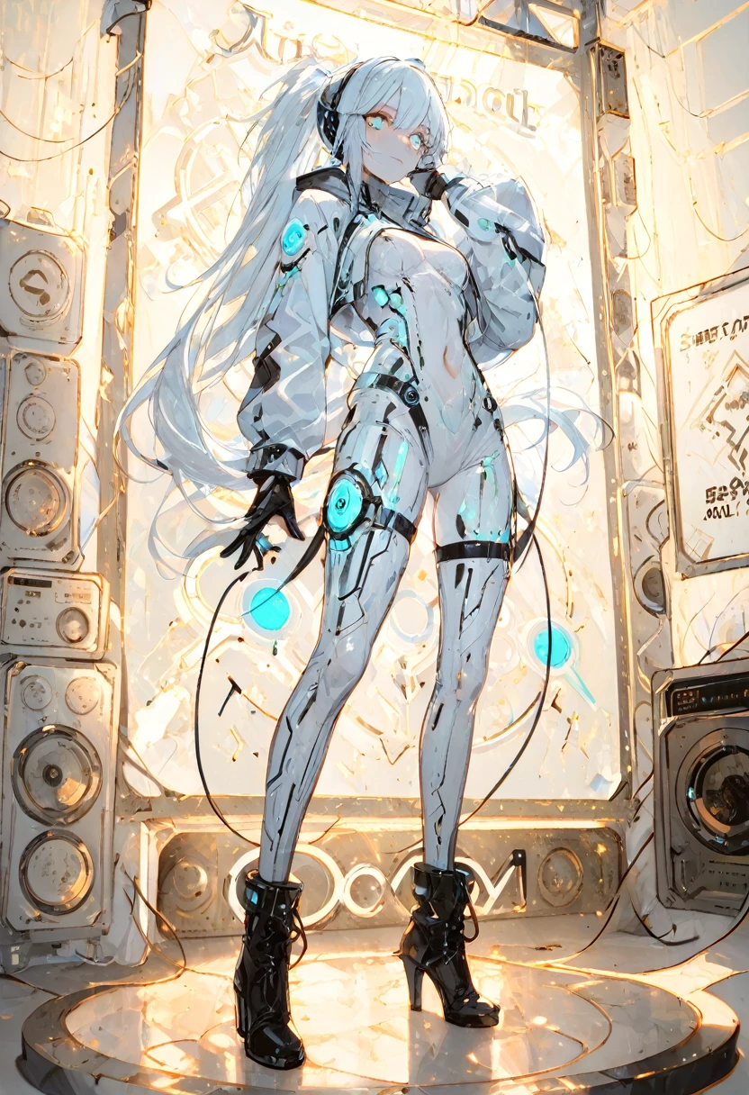Slender beautiful girl、(White and blue futuristic space station background):1.2、Tight-fitting bodysuits of the near future、hight resolution、top-quality、The ultra-detailliert、Fine details、Does not blush cheeks、knee high、Undersized breasts、shorth hair、head phone