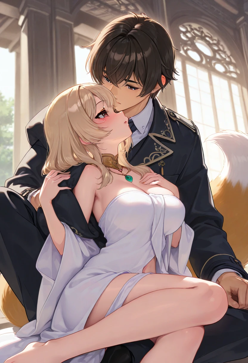 Nsfw,(((1girl,1boy,fellatio))),masterpiece,ultra detailed eyes, glowing ,highest detailed face,highest detailed skin,highest detailed hair, Kyoto animation,highest quality, High resolution, anime coloring,violet evergarden, Braid, hair ribbon, red ribbon, jewelry, white ascot, brooch, blue jacket, long sleeve, brown gloves, white dress, long dress, in the forest,