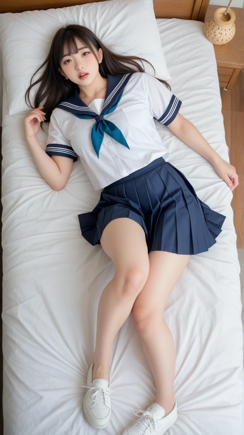 An ultra-high picture quality、Perfect Photo、13-year-old beautiful girl、Japan beautiful girl、middle school girl、light skinned、slender、tiny chest、Lying on his back on the bed、a miniskirt、Raised mini skirt、With bangs、ankle、Crying face、is crying、Prone eyes、Semi-long hair、Straight hair、girl's own room、toe、sole of feet、thighs thighs thighs thighs、lying back on、Skinny Legs、White panties、Japan Women's Sailor Uniform、raised shirt、