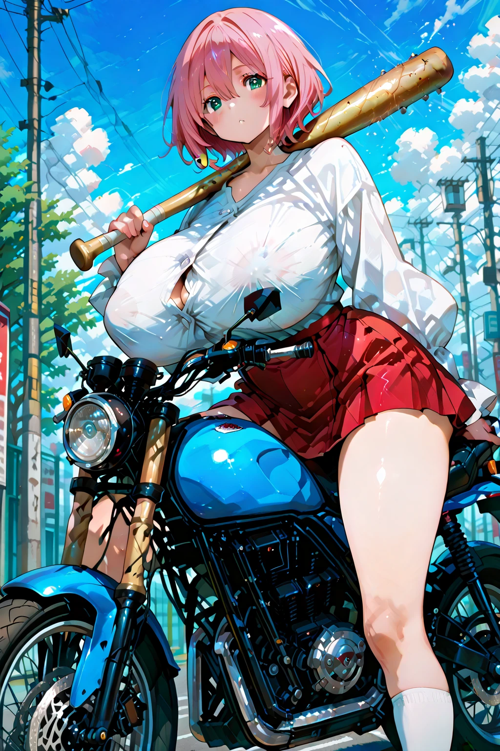 pink hair, short twintails, hair bobbles, star hair ornament, asymmetrical bangs, , purple eyes, 1girl, solo, large breasts., crying , nipple, Expressway, Riding a bike
