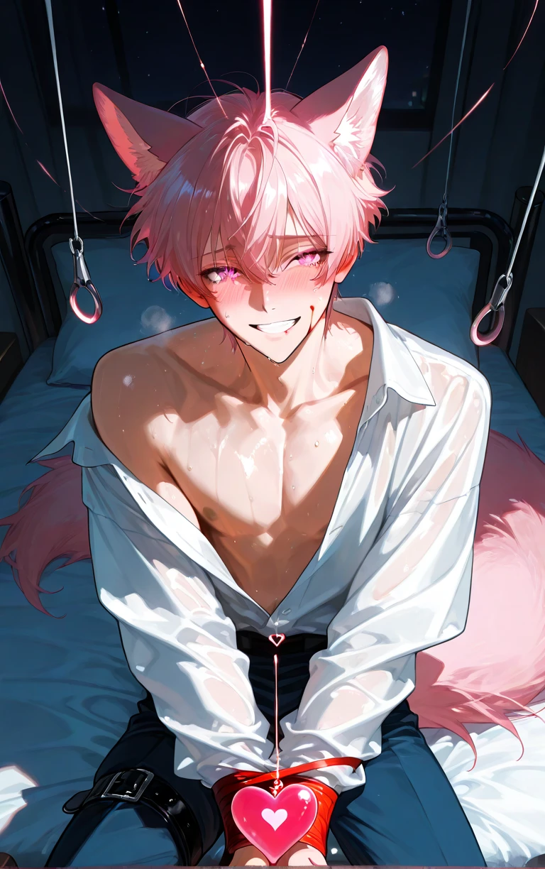 nothing, perfect white skin, detailed artwork, shiny pink hair, PINK CAT Ears, god of eyes, pink eyes, pink heart shaped eyes, pink long shirt, shirt covering private parts, white silk gloves, warm pink, white thigh highs, cute thighs, silk stockings, femboy, fluffly, sword in scabbard hanging on back, Grinning, holding a leash, Part 1