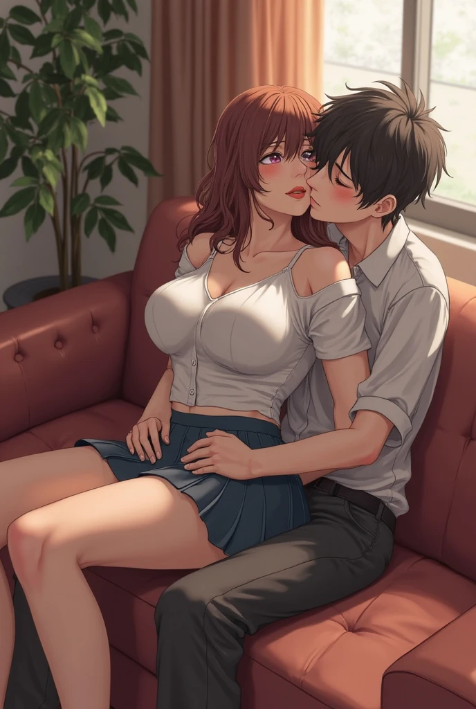 ((Highest quality)), ((masterpiece)), (detailed), ((a mature housewife and a young man)), long shiny light brown hair, wine-red dress, drunken eyes, dark green eyes, open mouth, erected nipples, medium breasts, looking at viewer, he sofa, embarrassed, in heat, happy, Open legs wide, sweat, ecstasy, living room, (imminent kiss), bare feet, (incoming kiss), closed eyes